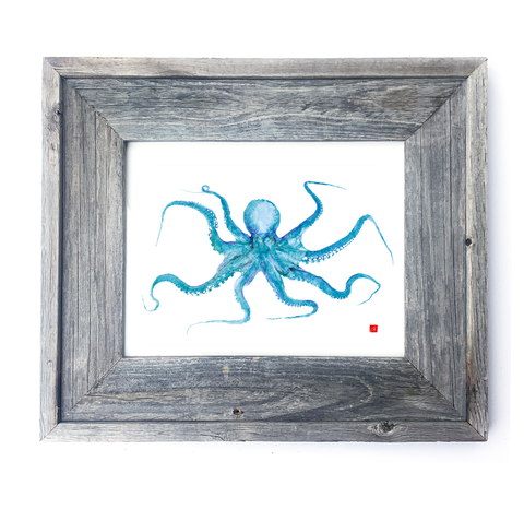 16 x 13 Framed Aqua Purple  Octopus