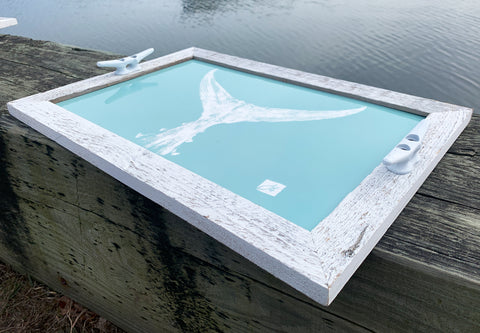 Turquoise tuna tail  serving tray with cleat handles
