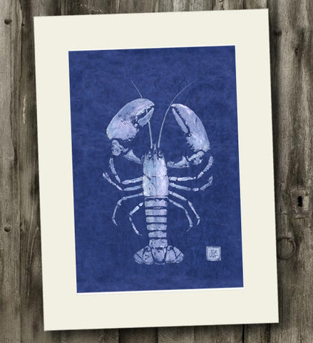 11 x 14 White on Blue Lobster Gyotaku Archival Print