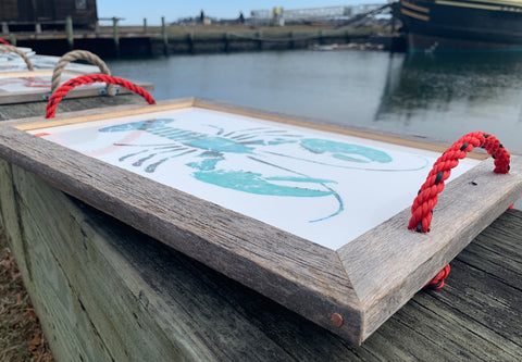 Teal lobster serving tray with rope handles