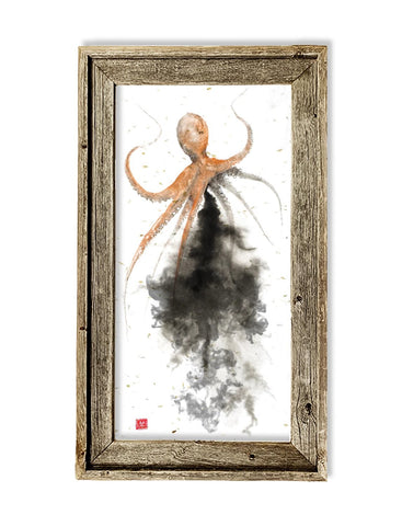 Framed inking octopus  26 x 15 framed print