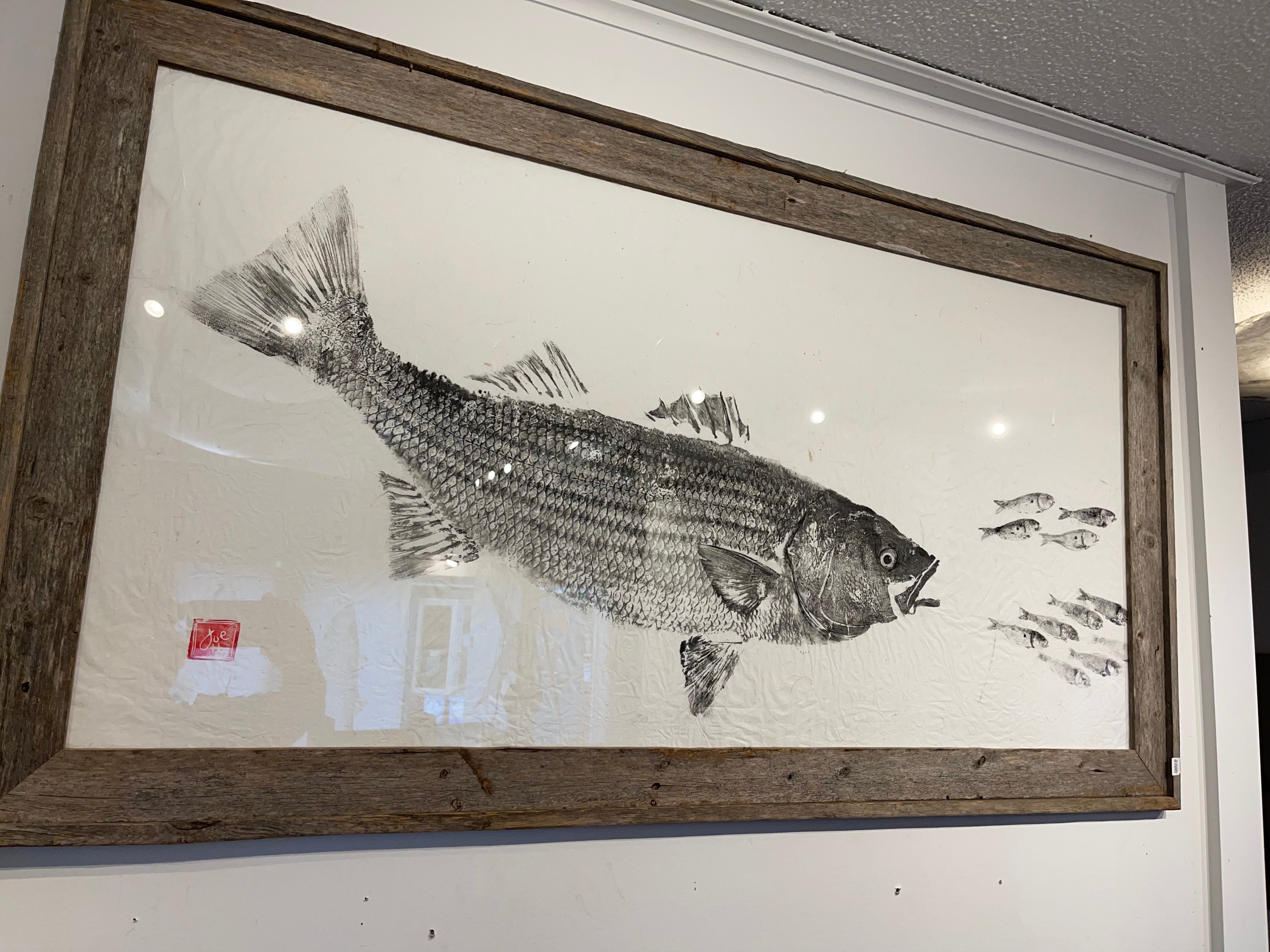 fish chasing lure Striped bass chasing baitfish 54 x 29- Original Print – fishedimpressions